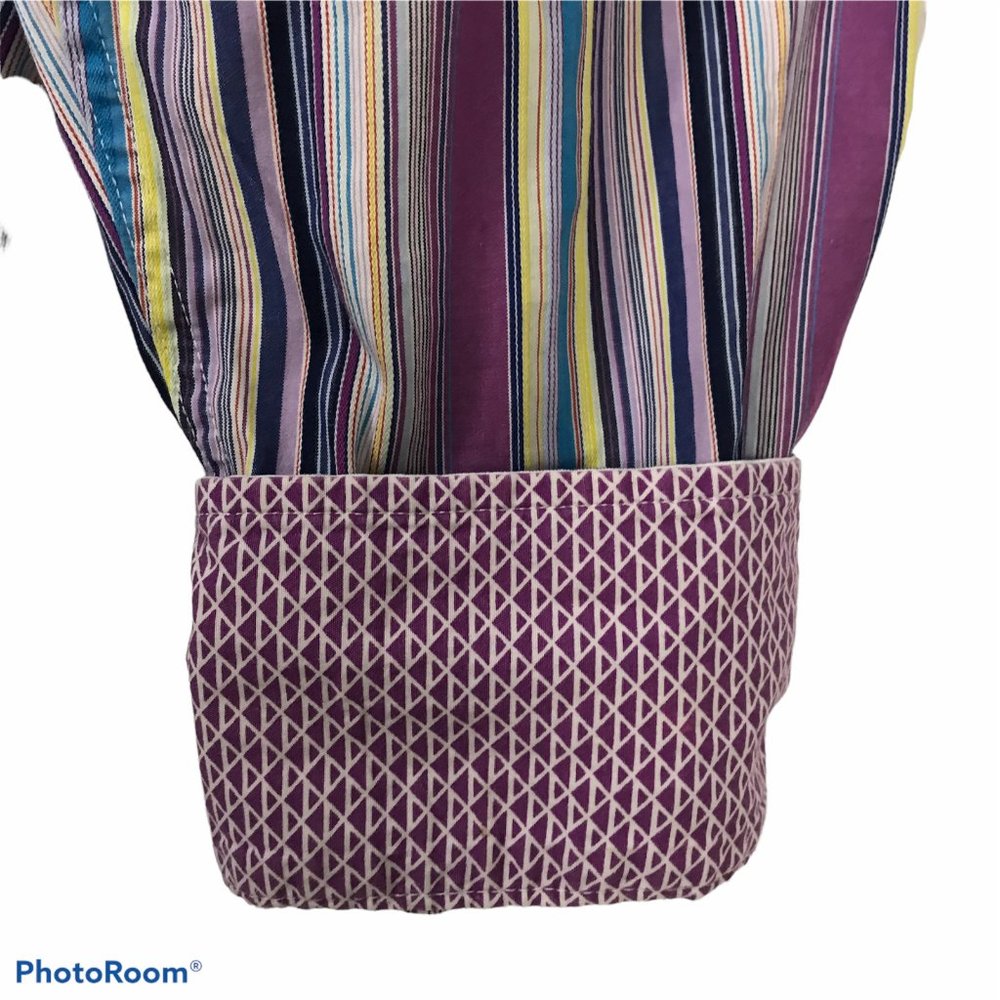BUGATCHI Mens L Cotton Button Down Fitted Dress Shirt Flip Cuffs Purple Stripes - Picture 3 of 12